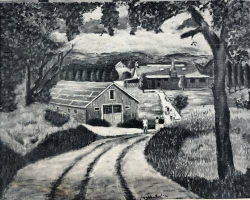 A black and white painting depicting a mown path leading down a hill with trees, past a barn, and to a large wooden building with a porch. People are walking on the path in shorts and sun hats. Mountains are in the background.
