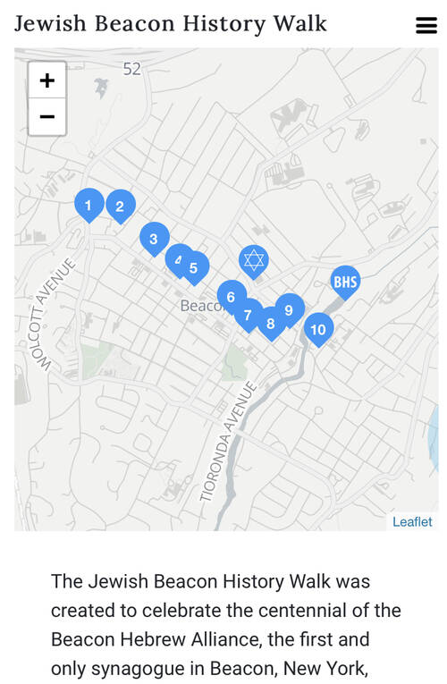 A map of downtown Beacon with numbered dots in blue indicating stops on the walking tour. By touching these spots, one can learn more about the Jewish businesses in that area.